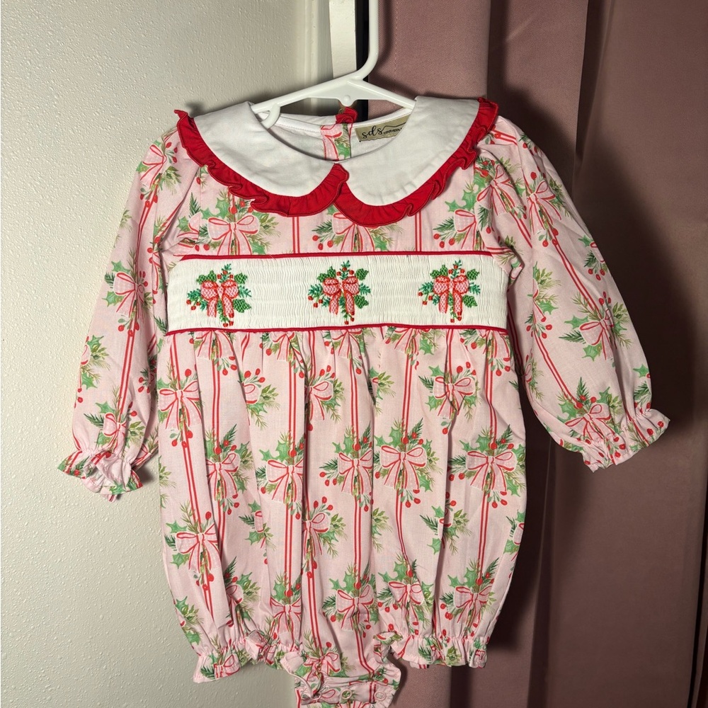 Pink Holiday Bow Smocked Baby Romper